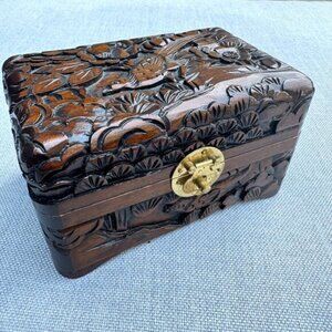 Vintage Carved Wooden Jewelry Trinket Box Floral and Bird Brown Red Lining